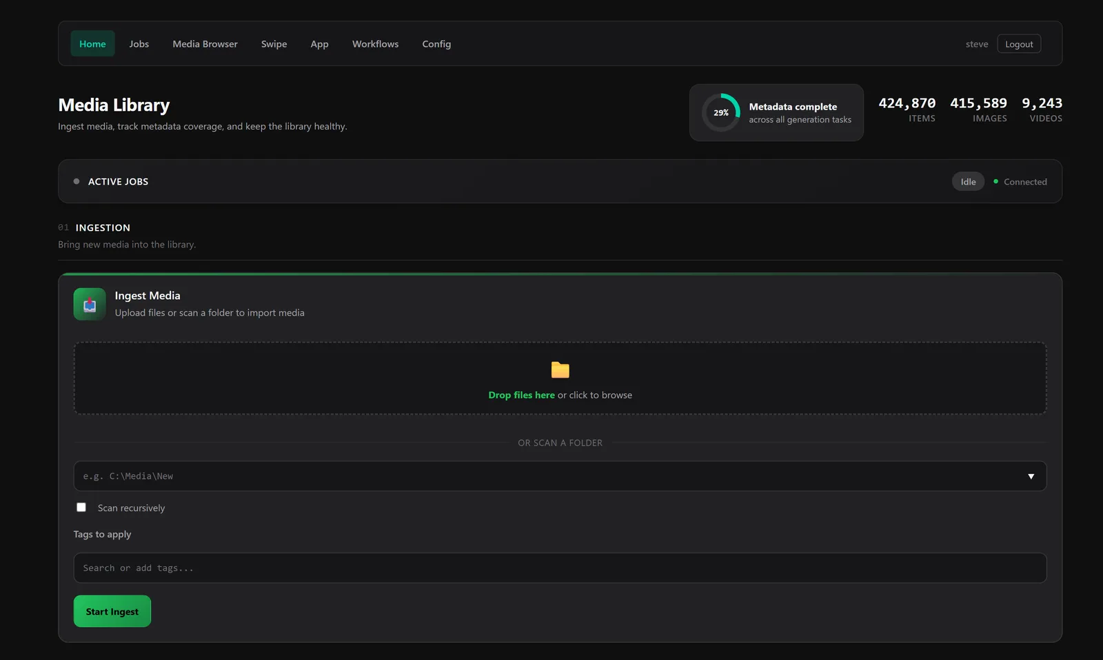 The Lowkey Media Server home page, showing library stats, metadata coverage, and the media ingestion panel
