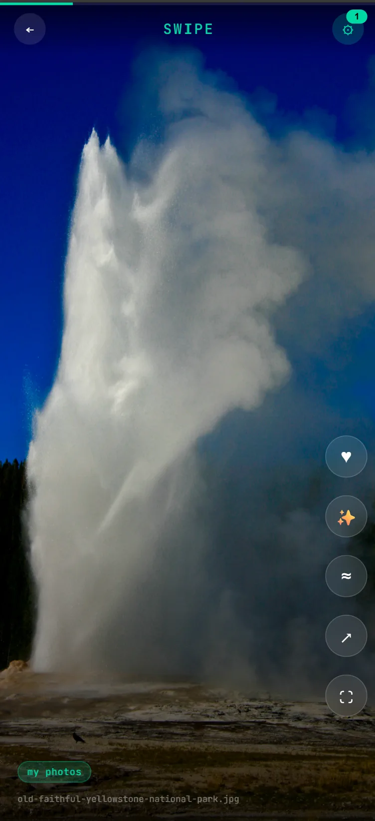 The Swipe app on a phone, showing a full-bleed photo with like, similar, and open actions down the right edge